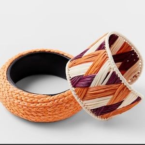 ZARA Natural Raffia & Mango Tree Wood Bracelet & Cuff Set in Orange + Burgundy